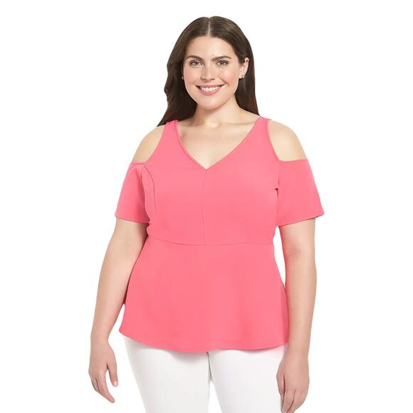 NWOT LANE BRYANT Blouse 24 Fitted Short-Sleeve Cold-Shoulder Peplum Top - Picture 1 of 5